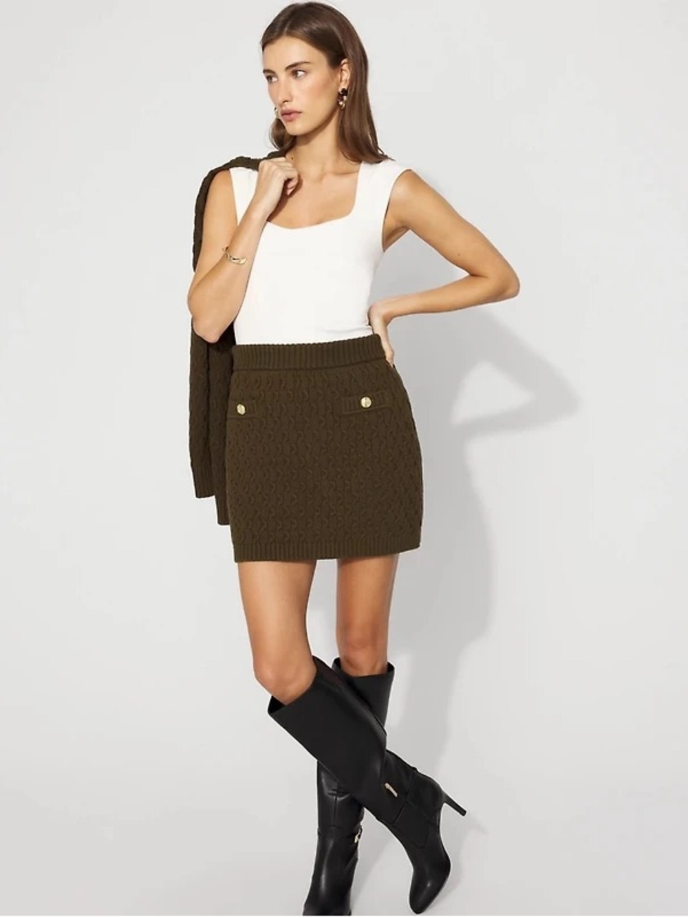 White House Black Market Dark Willow Olive Green Cable Knit Mini Skirt L